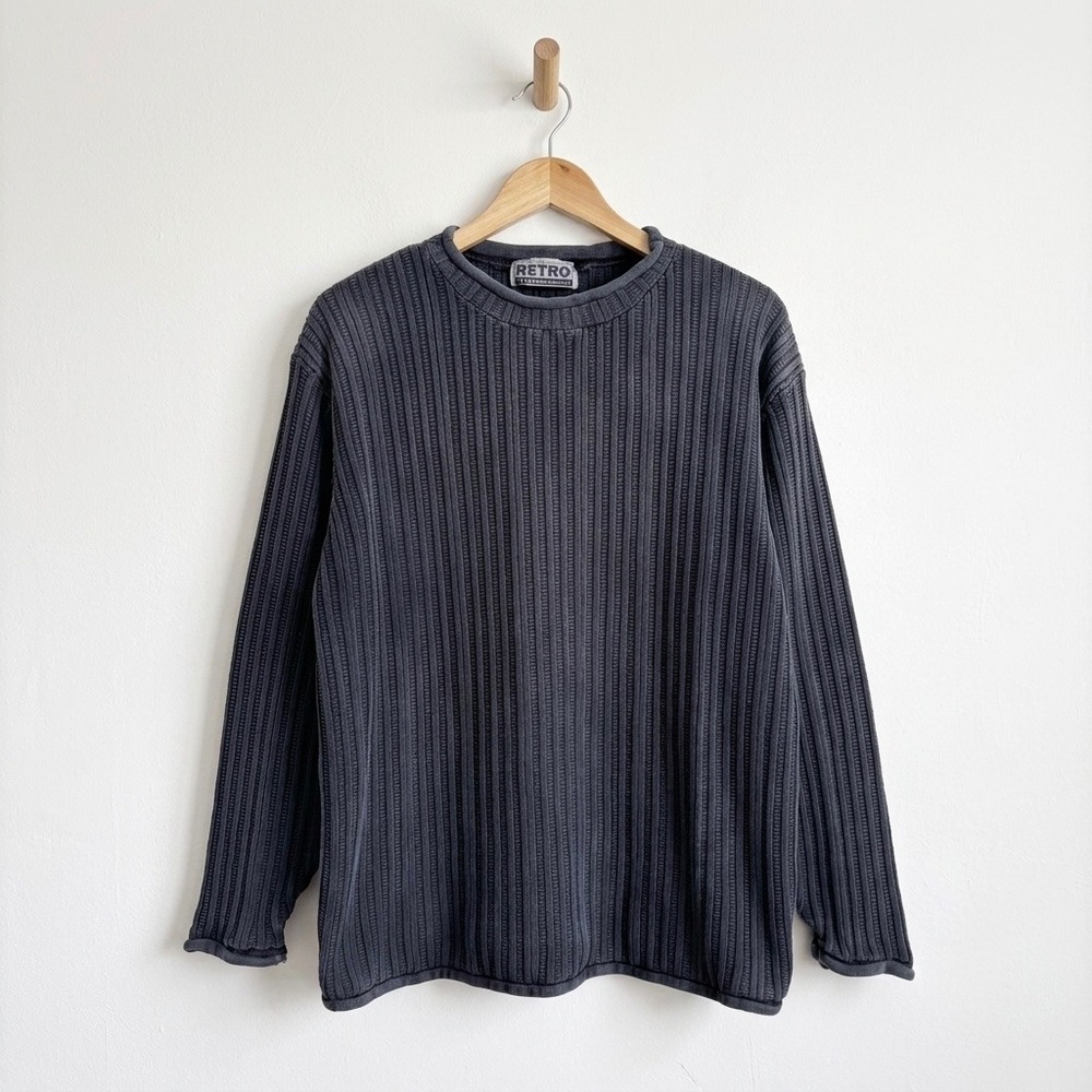 Vtg 90s Washed Black Ribbed Knit Sweater Grunge USA Cotton Stu Scream XL Chunky